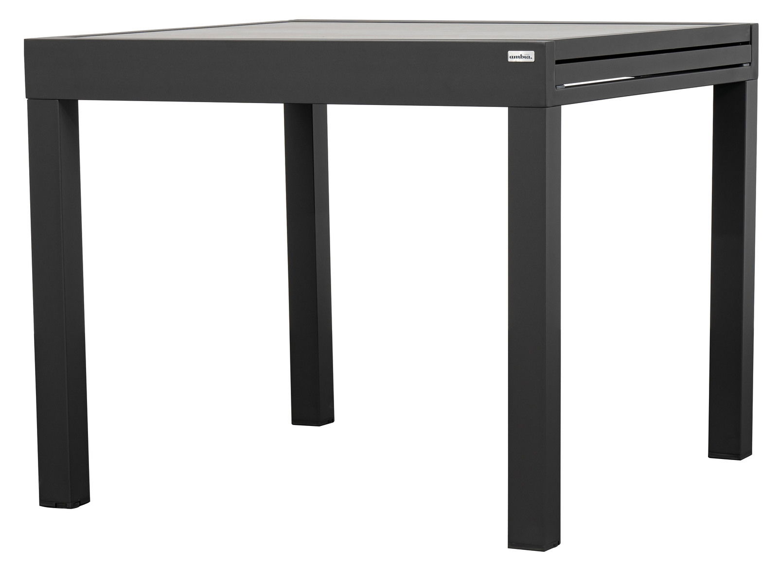 Moderner, schwarzer Gartentisch aus Metall, seitliche Perspektive