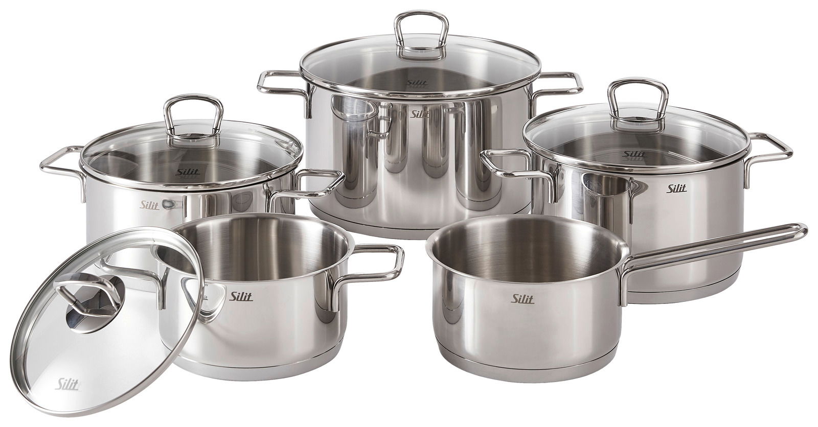 Fünfteiliges Topfset Alicante aus Edelstahl, bestehend aus verschiedenen Töpfen mit Glasdeckeln, in einer frontalen Perspektive.