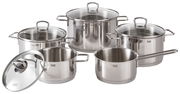 Fünfteiliges Topfset Alicante aus Edelstahl, bestehend aus verschiedenen Töpfen mit Glasdeckeln, in einer frontalen Perspektive.