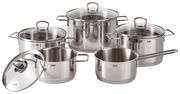 Fünfteiliges Topfset Alicante aus Edelstahl, bestehend aus verschiedenen Töpfen mit Glasdeckeln, in einer frontalen Perspektive.