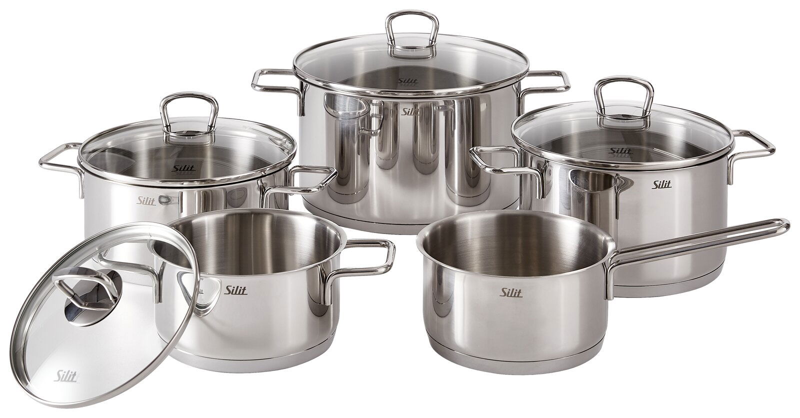 Fünfteiliges Topfset Alicante aus Edelstahl, bestehend aus verschiedenen Töpfen mit Glasdeckeln, in einer frontalen Perspektive.
