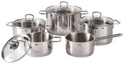 Fünfteiliges Topfset Alicante aus Edelstahl, bestehend aus verschiedenen Töpfen mit Glasdeckeln, in einer frontalen Perspektive.