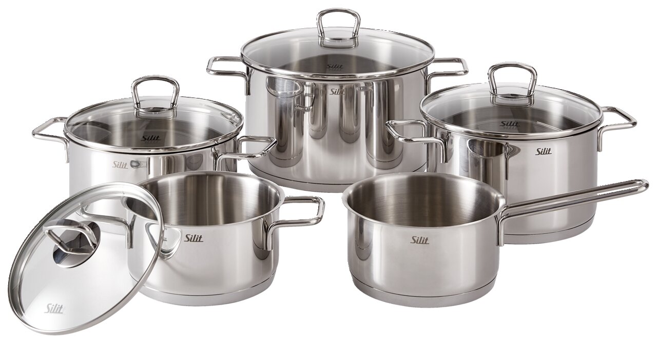 Silit Topfset 5-tlg. ALICANTE Fünfteiliges Topfset Alicante aus Edelstahl, bestehend aus verschiedenen Töpfen mit Glasdeckeln, in einer frontalen Perspektive.