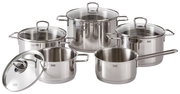 Fünfteiliges Topfset Alicante aus Edelstahl, bestehend aus verschiedenen Töpfen mit Glasdeckeln, in einer frontalen Perspektive.