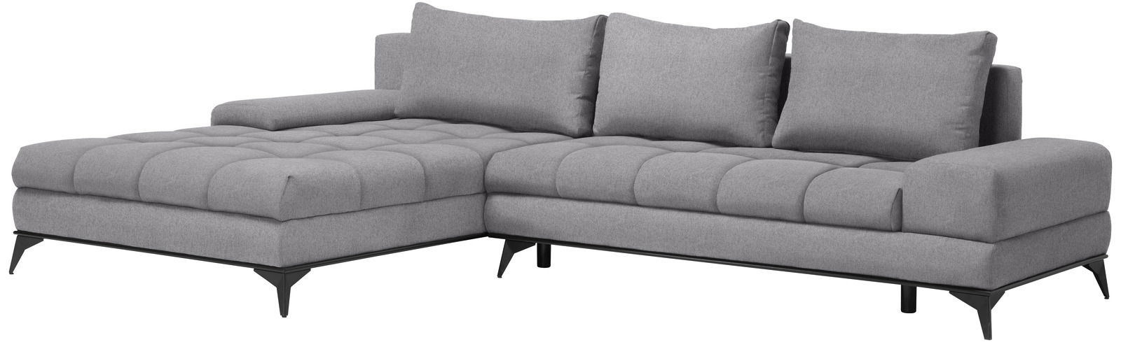 Graues Ecksofa mit Ottomane, moderne Metallfüße, Perspektive von vorne links