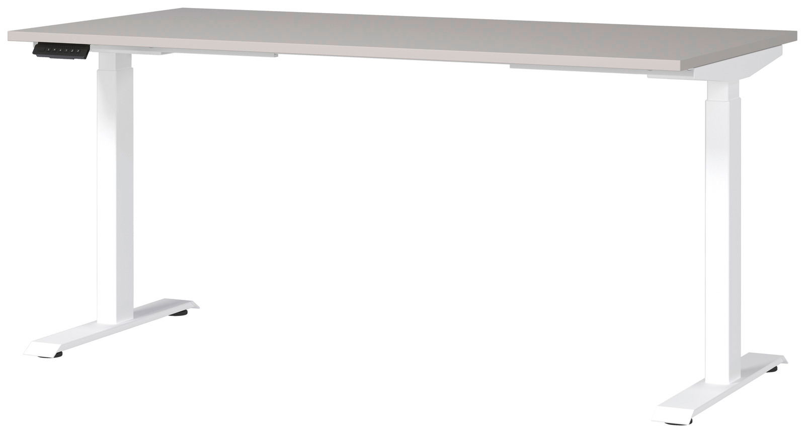 Elektrisch höhenverstellbarer Schreibtisch in Weiß, seitliche Perspektive
