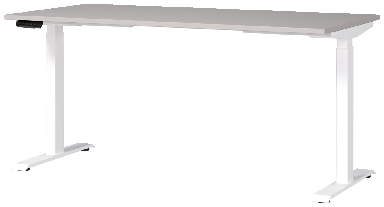 Elektrisch höhenverstellbarer Schreibtisch in Weiß, seitliche Perspektive