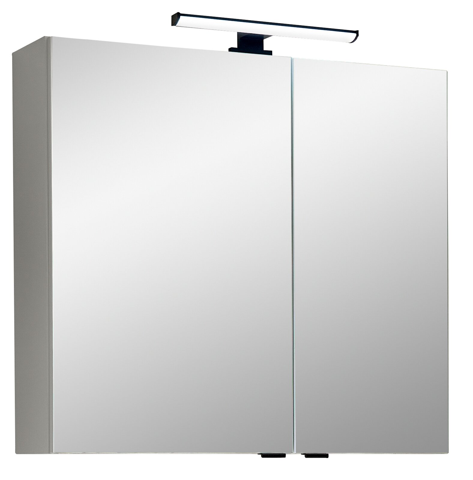 XORA Spiegelkast QS500 Moderne badkamerspiegelkast met twee spiegeldeuren en een zwarte led-bovenlamp, vooraanzicht licht van links tegen een witte achtergrond