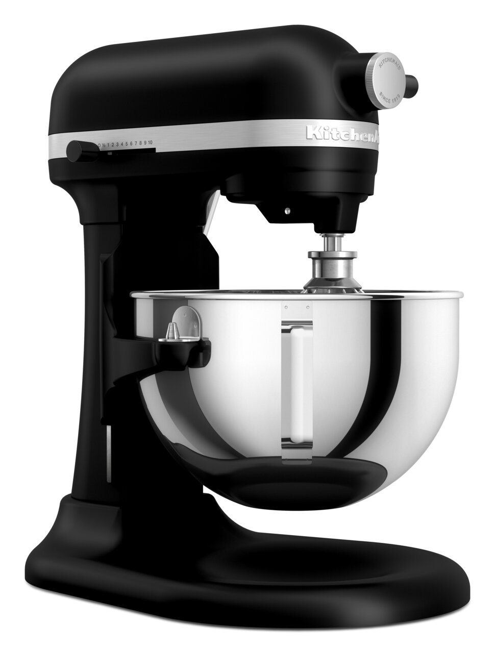 Schwarze Küchenmaschine Heavy Duty 5,2L von der Seite mit Edelstahl-Rührschüssel