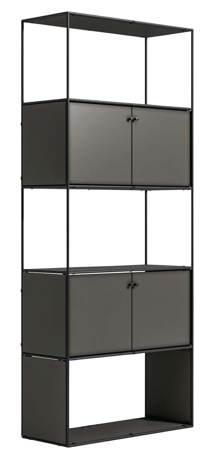 Novel Regal 80 BRERA OFFICE Modernes Aktenregal mit schwarzem Metallrahmen und grauen Türen, seitliche Perspektive