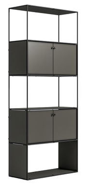 Modernes Aktenregal mit schwarzem Metallrahmen und grauen Türen, seitliche Perspektive