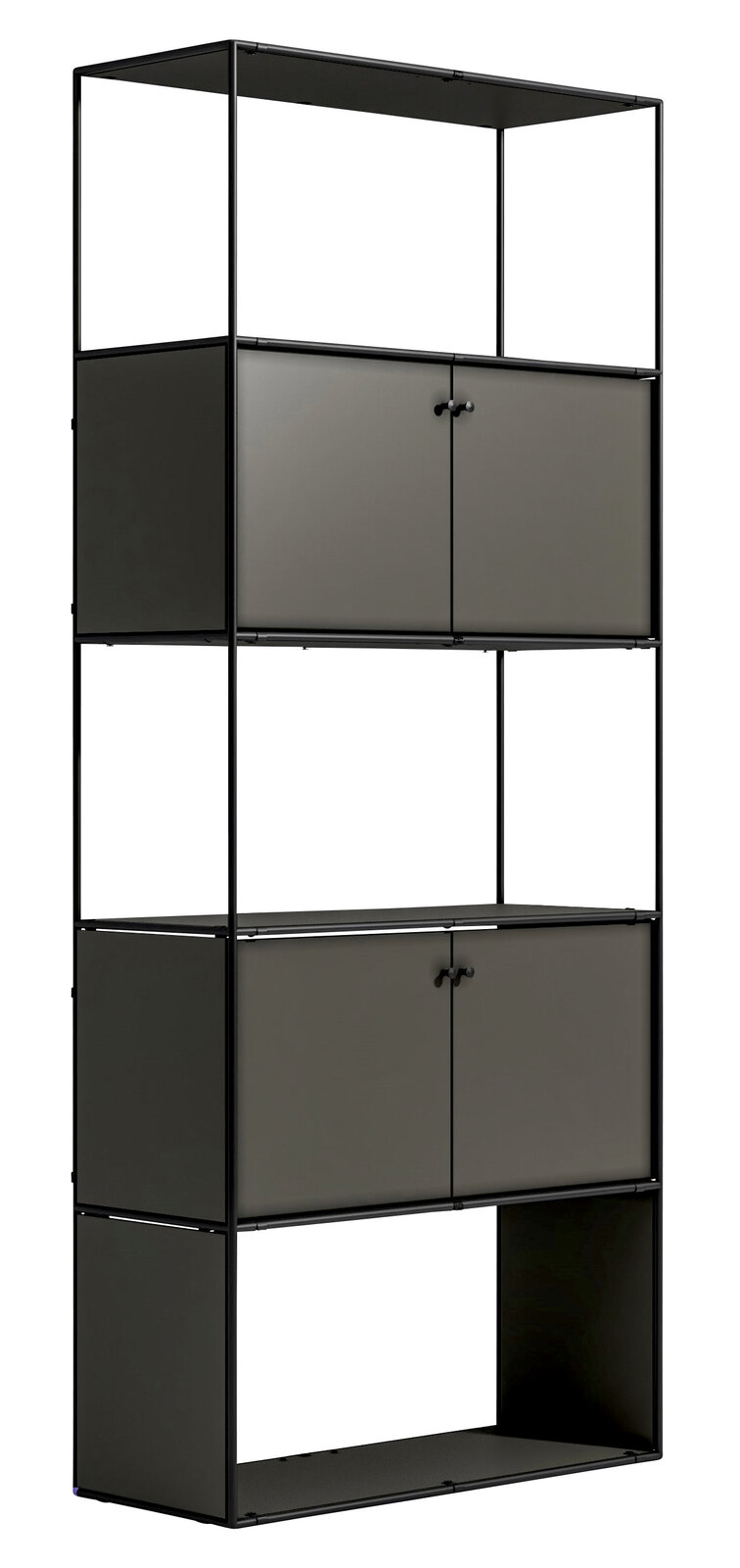 Novel Regal 80 BRERA OFFICE Modernes Aktenregal mit schwarzem Metallrahmen und grauen Türen, seitliche Perspektive