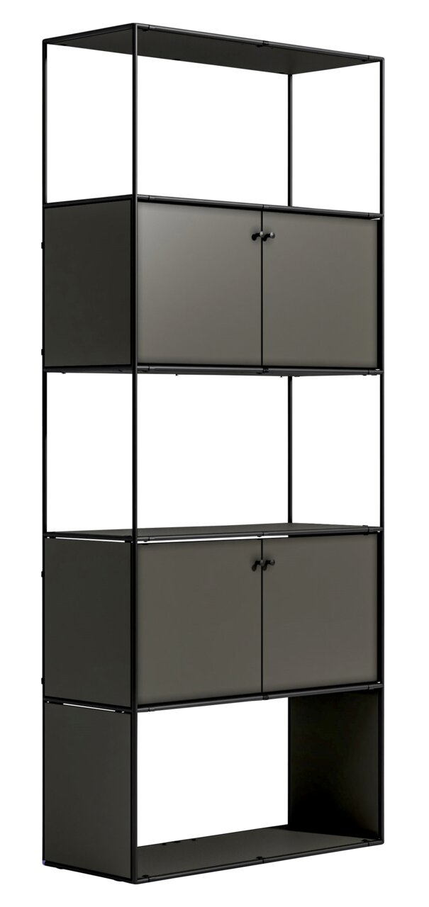 Novel Regal 80 BRERA OFFICE Modernes Aktenregal mit schwarzem Metallrahmen und grauen Türen, seitliche Perspektive