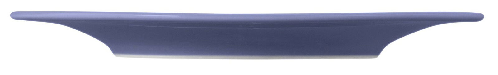 Seitenansicht eines runden, blauen Brottellers mit leicht gewölbtem Rand.