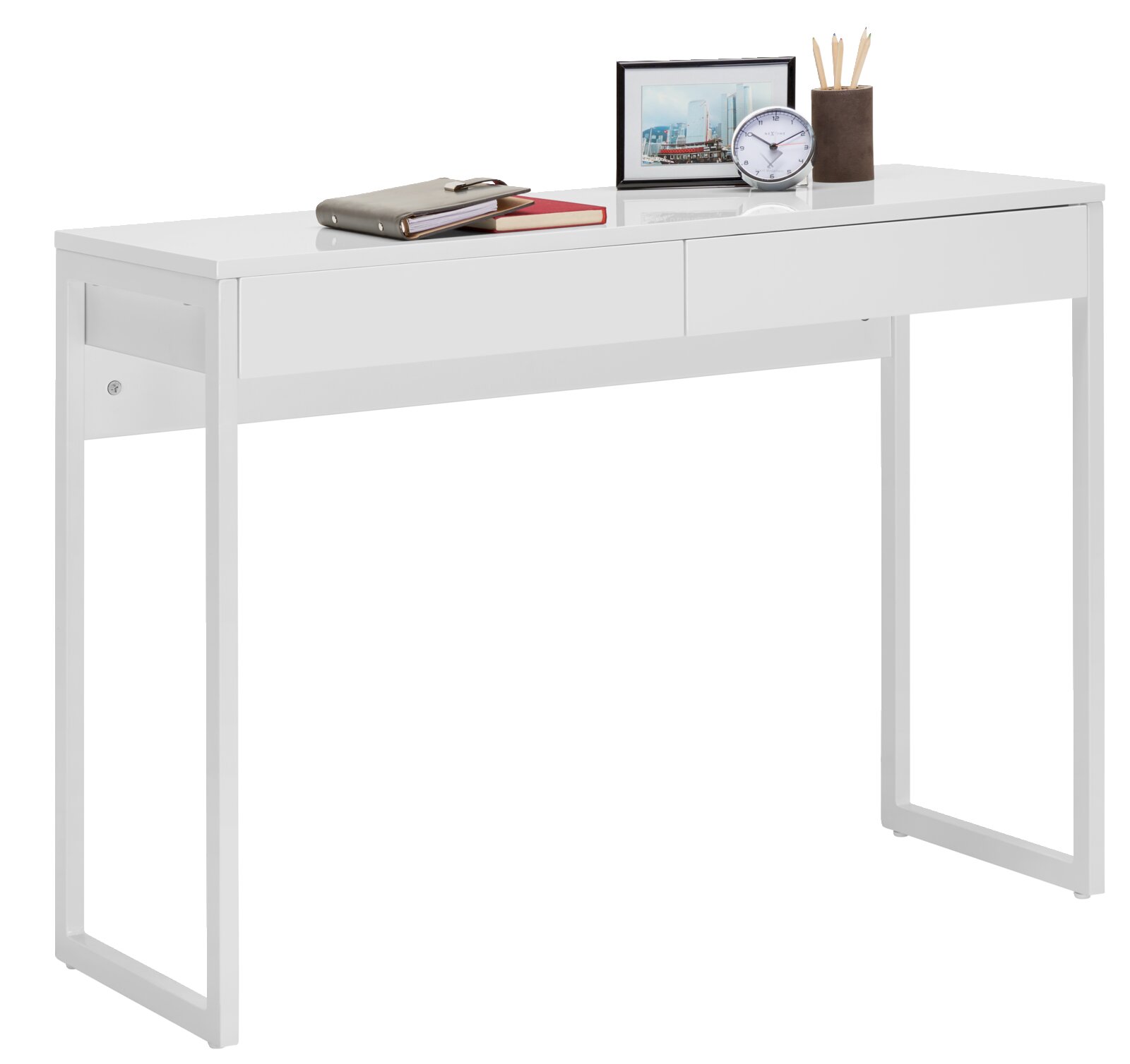 Carryhome Bureau CALAIS Moderner weißer Schreibtisch mit schlankem Design, zwei Schubladen und Dekorationen wie Bücher, Uhr und Stiftehalter, seitliche Perspektive