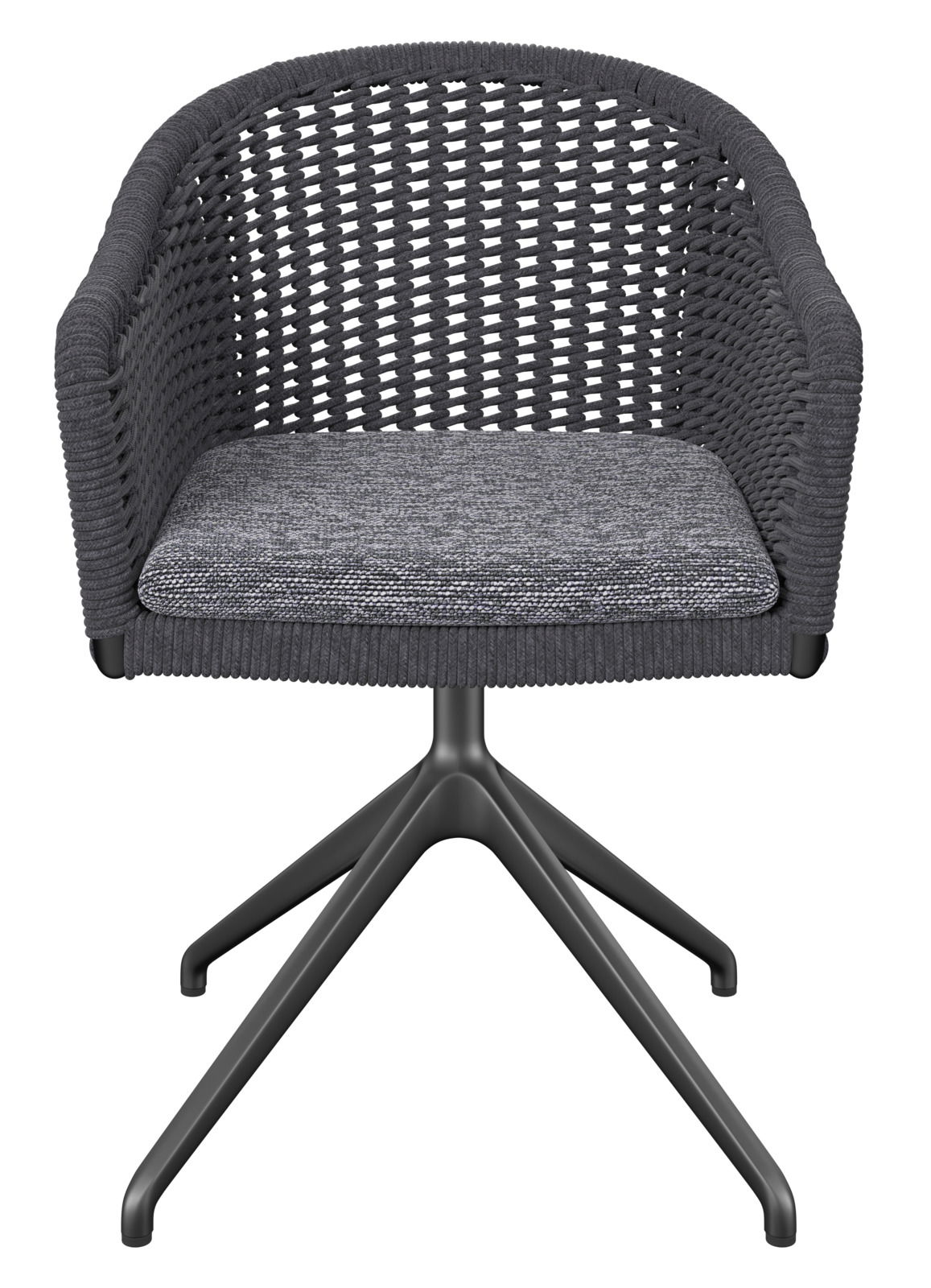 Moderner Armlehnstuhl mit geflochtener Rückenlehne und gepolstertem Sitz, frontal betrachtet