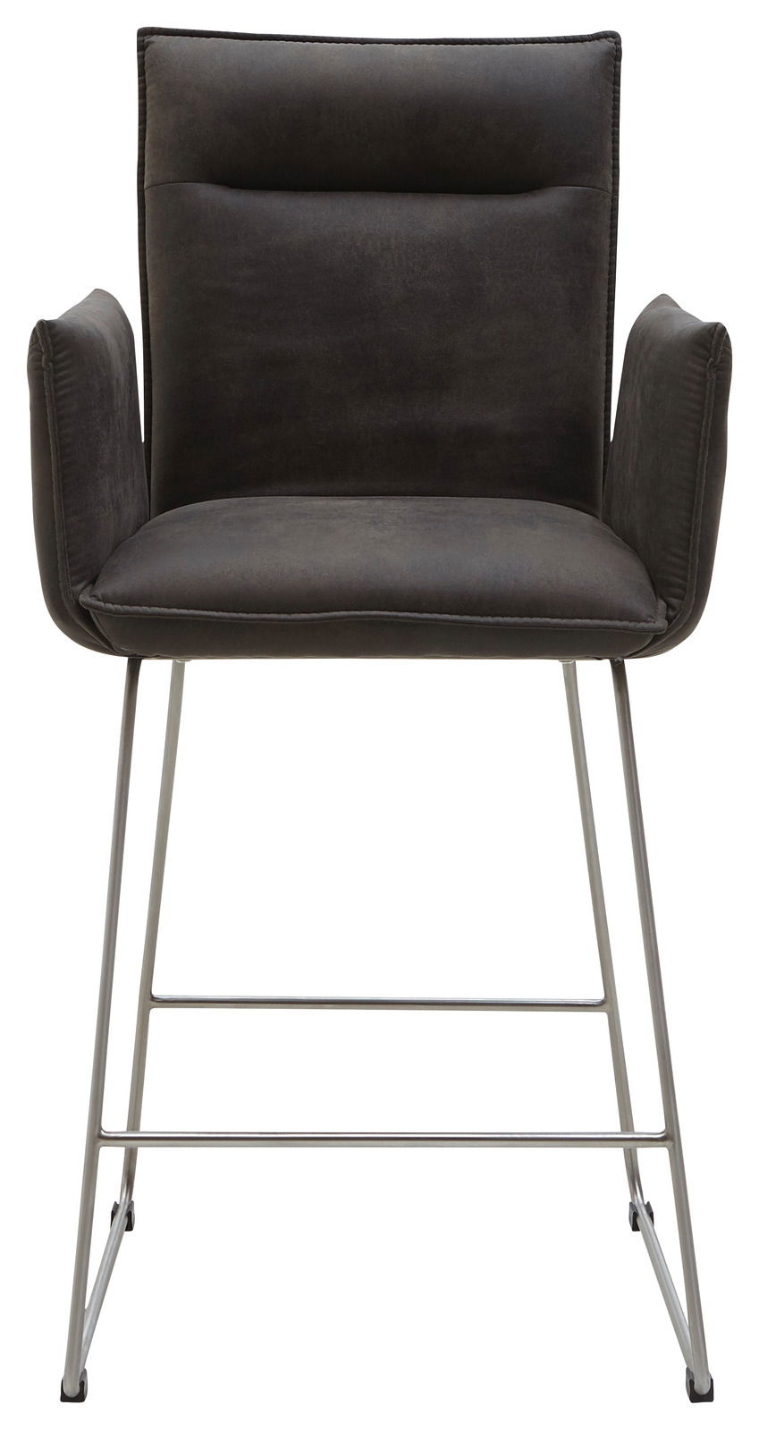 Barsessel mit dunklem Polster und Metallgestell, Frontalansicht