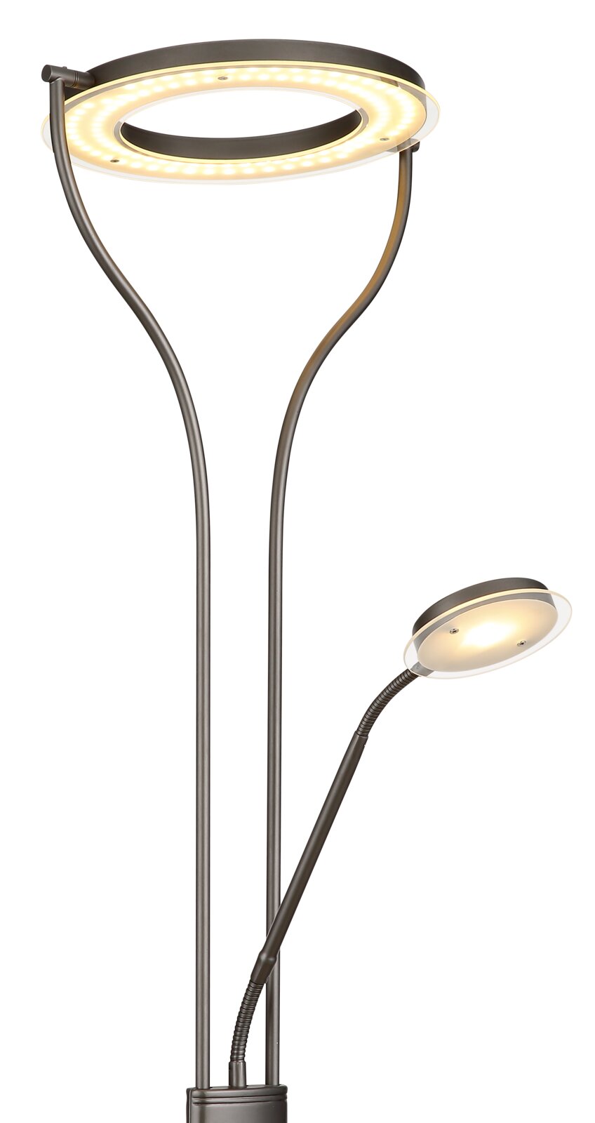 Moderne LED-Deckenfluter-Stehlampe in Dunkelgrau mit ringförmigem Lichtkopf und flexiblem Lesearm, warmweiß leuchtend, freigestellt auf Weiß, in leicht schräger Frontansicht von oben