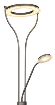 Moderne LED-Deckenfluter-Stehlampe in Dunkelgrau mit ringförmigem Lichtkopf und flexiblem Lesearm, warmweiß leuchtend, freigestellt auf Weiß, in leicht schräger Frontansicht von oben