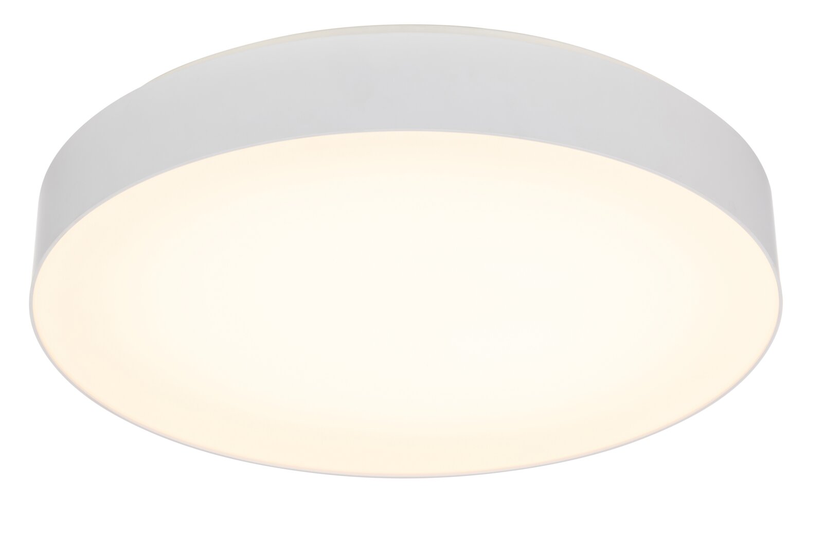 Novel LED-plafondlamp KASTELA Ronde, platte plafondlamp met witte behuizing en opaal diffuser, warm wit licht, gezien van onderaf in licht schuin perspectief