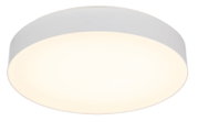 Ronde, platte plafondlamp met witte behuizing en opaal diffuser, warm wit licht, gezien van onderaf in licht schuin perspectief