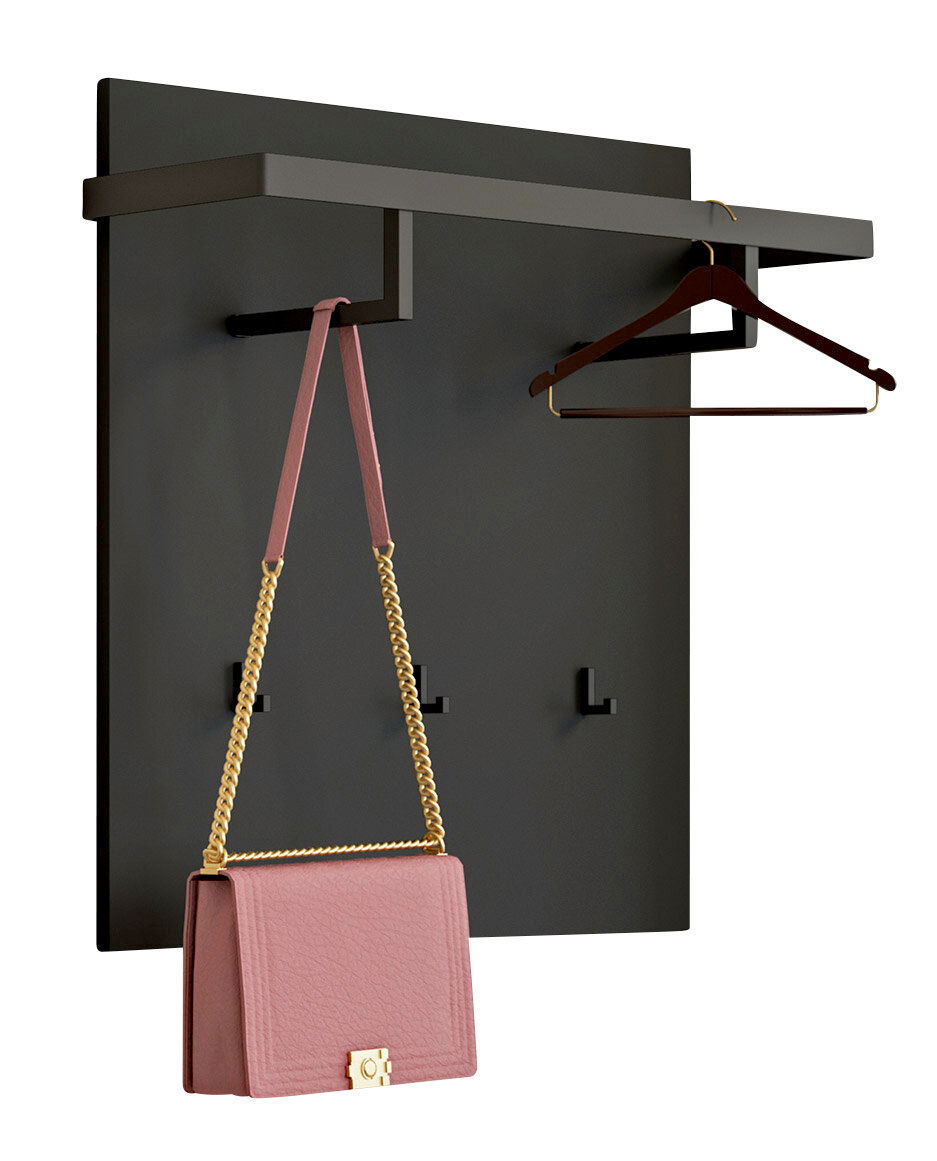 Dieter Knoll Garderobenpaneel breit SIENA Breites Garderobenpaneel in dunkler Farbe mit Haken und Ablage, seitliche Perspektive