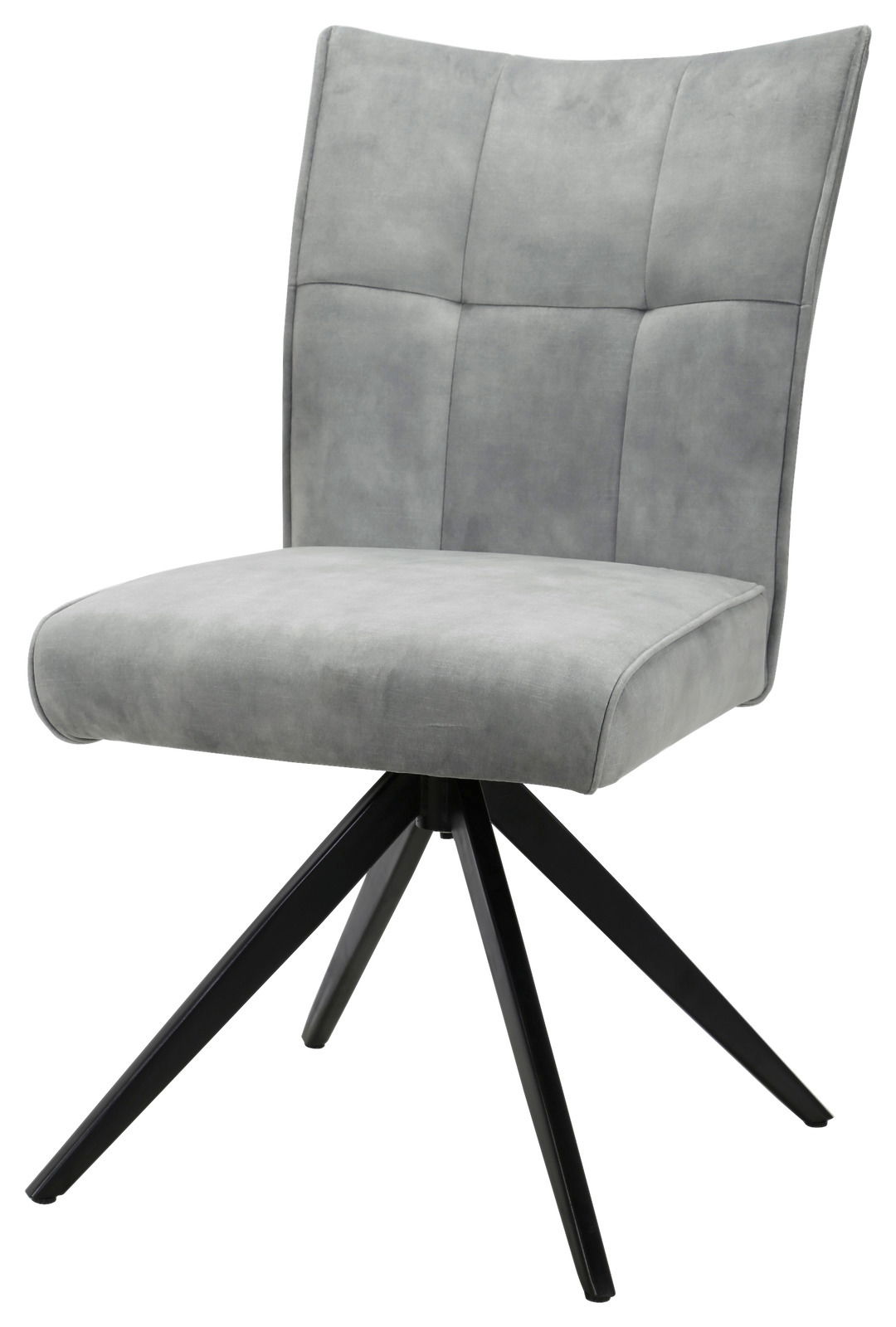 Grauer moderner Stuhl mit gepolsterter Sitzfläche und Rückenlehne, auf schwarzem Metallgestell, seitliche Perspektive