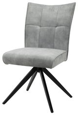 Grauer moderner Stuhl mit gepolsterter Sitzfläche und Rückenlehne, auf schwarzem Metallgestell, seitliche Perspektive