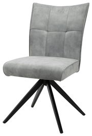 Grauer moderner Stuhl mit gepolsterter Sitzfläche und Rückenlehne, auf schwarzem Metallgestell, seitliche Perspektive