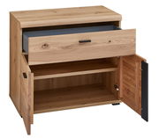 Unterstell-Aktenschrank aus Holz mit geöffneter Schublade und Türen, Frontalansicht