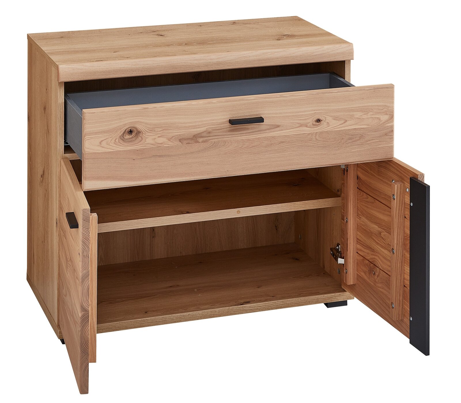 Unterstell-Aktenschrank aus Holz mit geöffneter Schublade und Türen, Frontalansicht