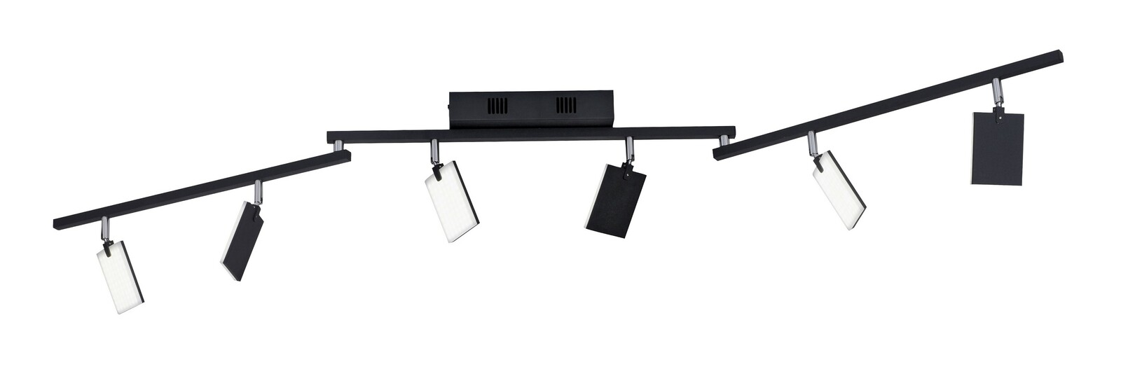 Moderne Deckenleuchte PURE-MIRA mit fünf rechteckigen, verstellbaren Leuchtelementen in schwarzem Design, seitliche Perspektive.