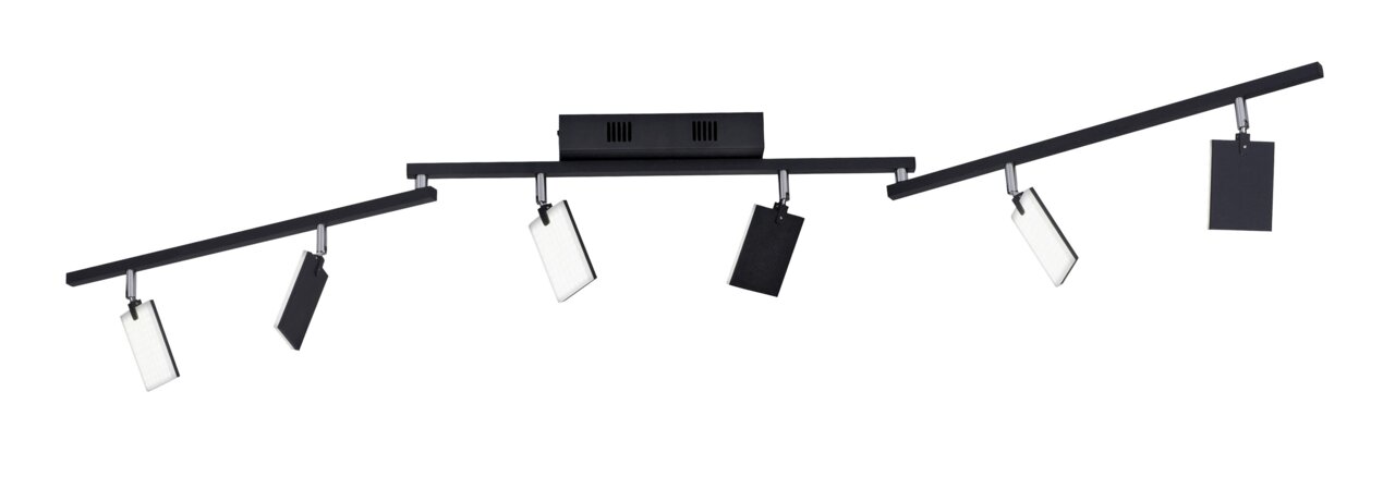 Moderne Deckenleuchte PURE-MIRA mit fünf rechteckigen, verstellbaren Leuchtelementen in schwarzem Design, seitliche Perspektive.