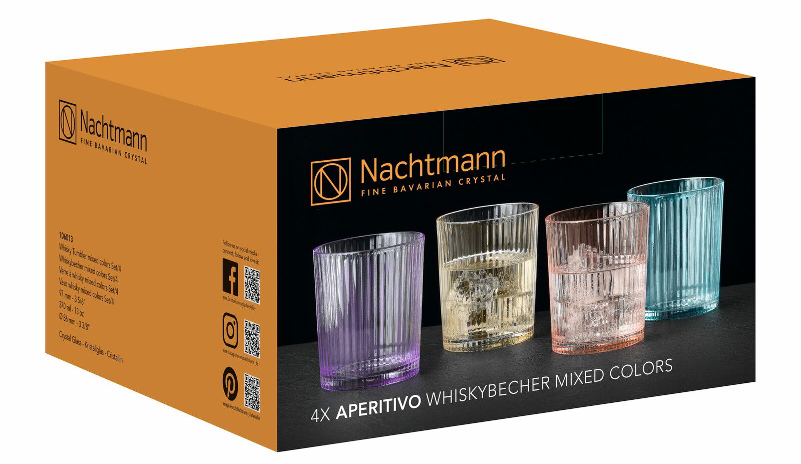 Verpackung mit vier farbigen Whiskybechern aus Kristallglas, Vorderansicht