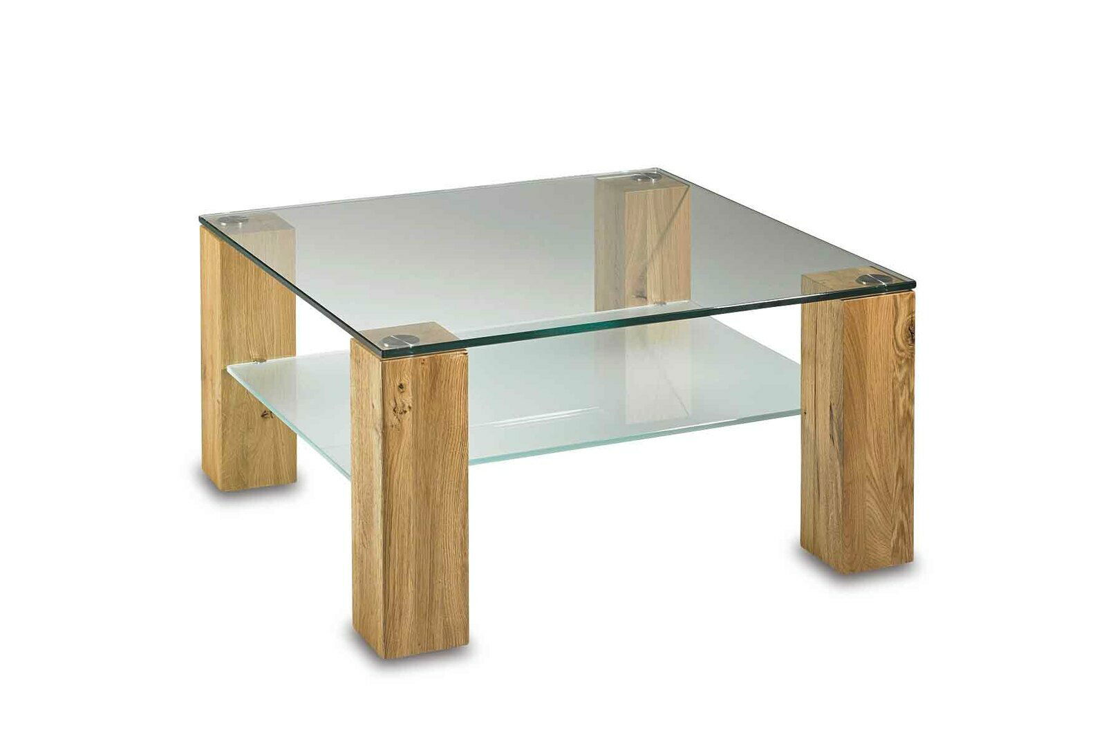 Moderner Couchtisch mit Glasplatte und Holzbeinen, seitliche Perspektive