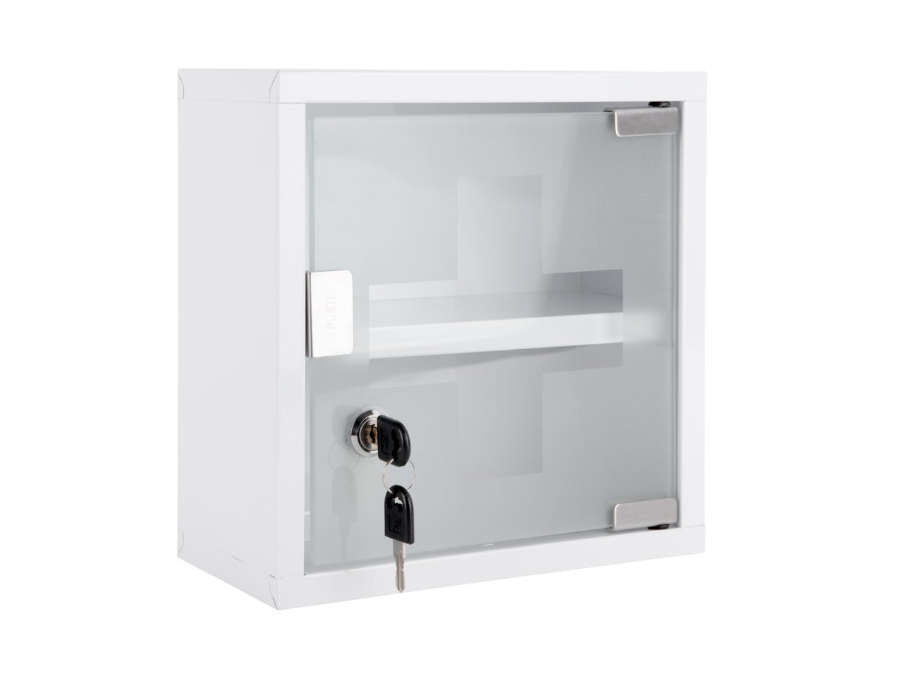Weißer Medizinschrank Small mit Glastür und Schloss, seitliche Perspektive