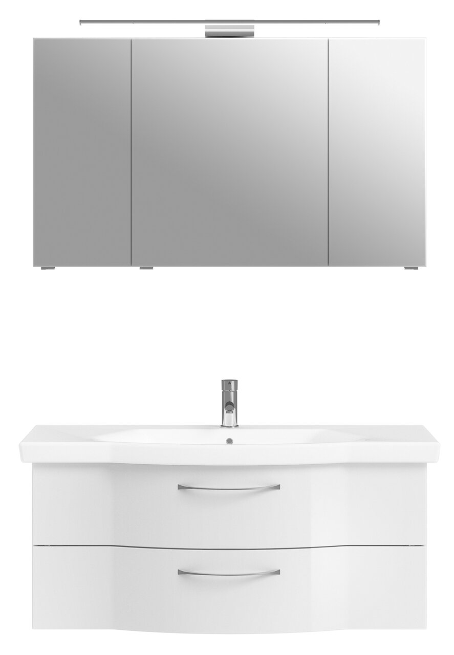 Pelipal Badblock SPRINT Frontale Ansicht eines modernen Badblocks mit Spiegelschrank und Waschbeckenunterschrank in Weiß mit zwei Schubladen und einem Wasserhahn.