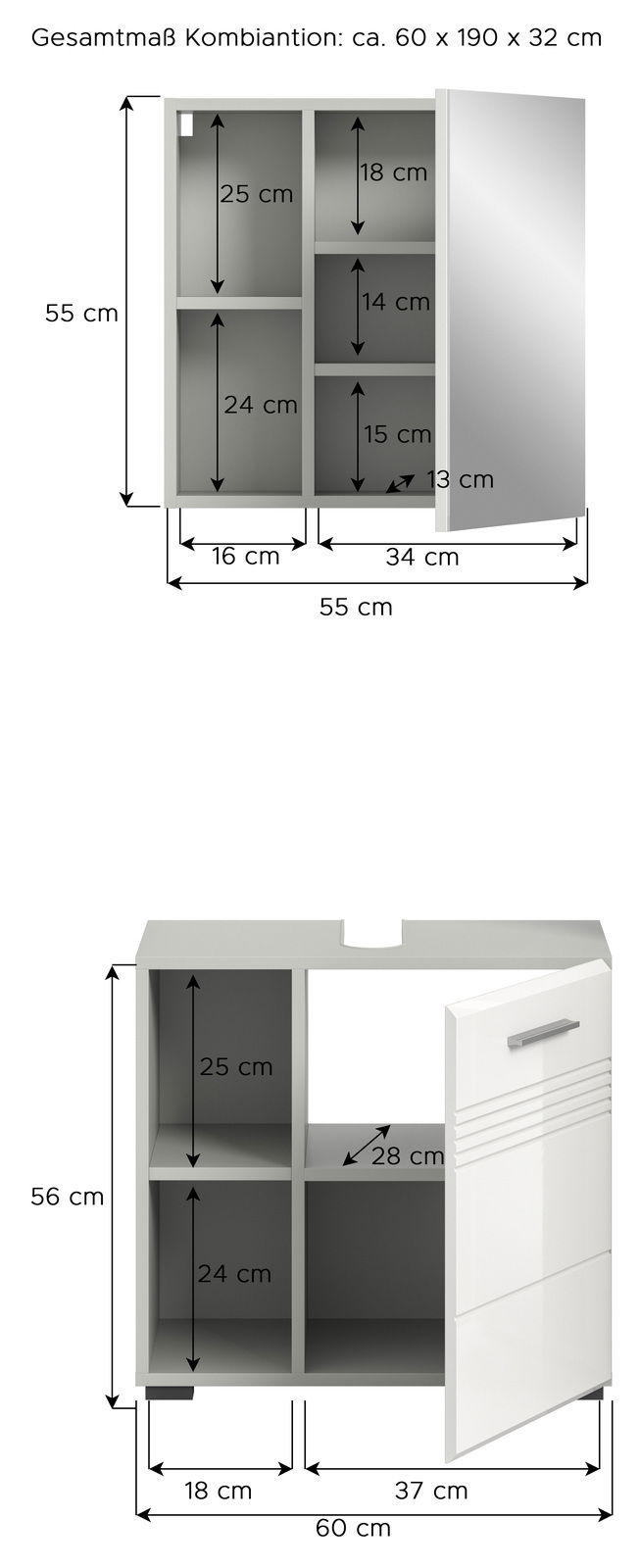 Badezimmerschrank-Kombination mit Spiegel und Stauraum, Frontansicht