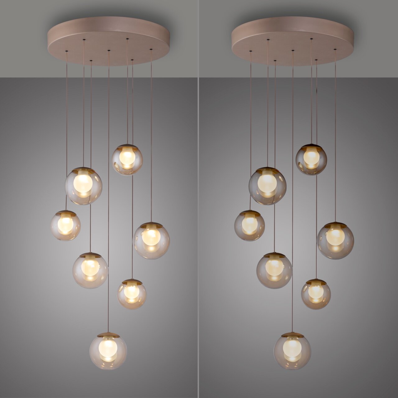 Moderne LED-Pendelleuchte mit mehreren kugelförmigen Glaskörpern, von unten betrachtet.