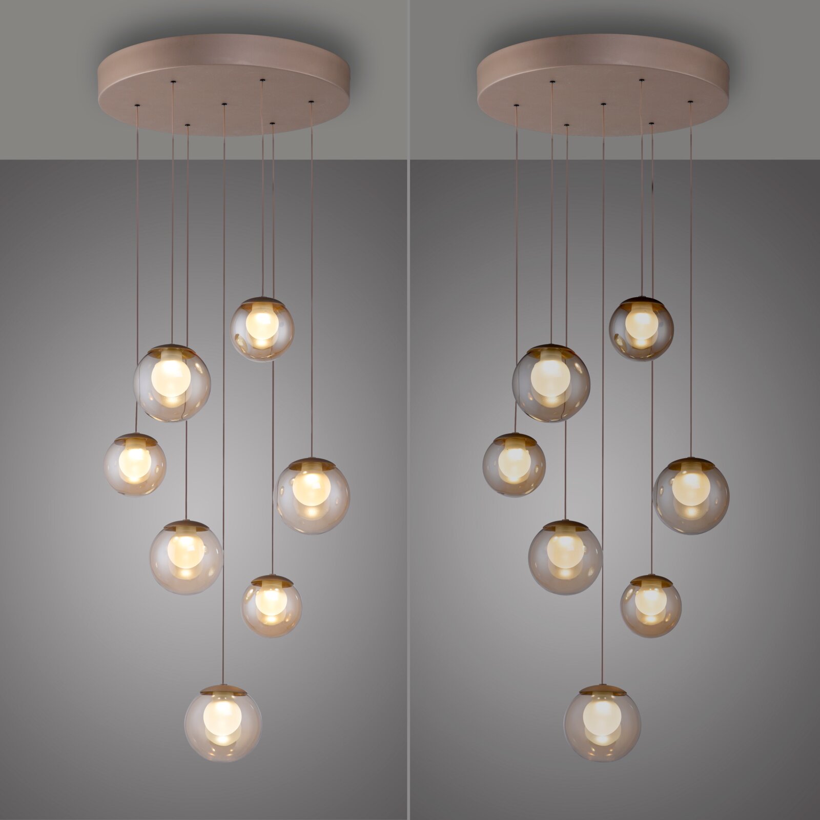 Moderne LED-Pendelleuchte mit mehreren kugelförmigen Glaskörpern, von unten betrachtet.