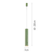 Grüne Akku-Pendelleuchte in zylindrischer Form, hängend von der Decke, mit einstellbarer Höhe von 60 bis 200 cm, seitliche Ansicht.