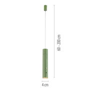 Grüne Akku-Pendelleuchte in zylindrischer Form, hängend von der Decke, mit einstellbarer Höhe von 60 bis 200 cm, seitliche Ansicht.