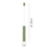 Grüne Akku-Pendelleuchte in zylindrischer Form, hängend von der Decke, mit einstellbarer Höhe von 60 bis 200 cm, seitliche Ansicht.