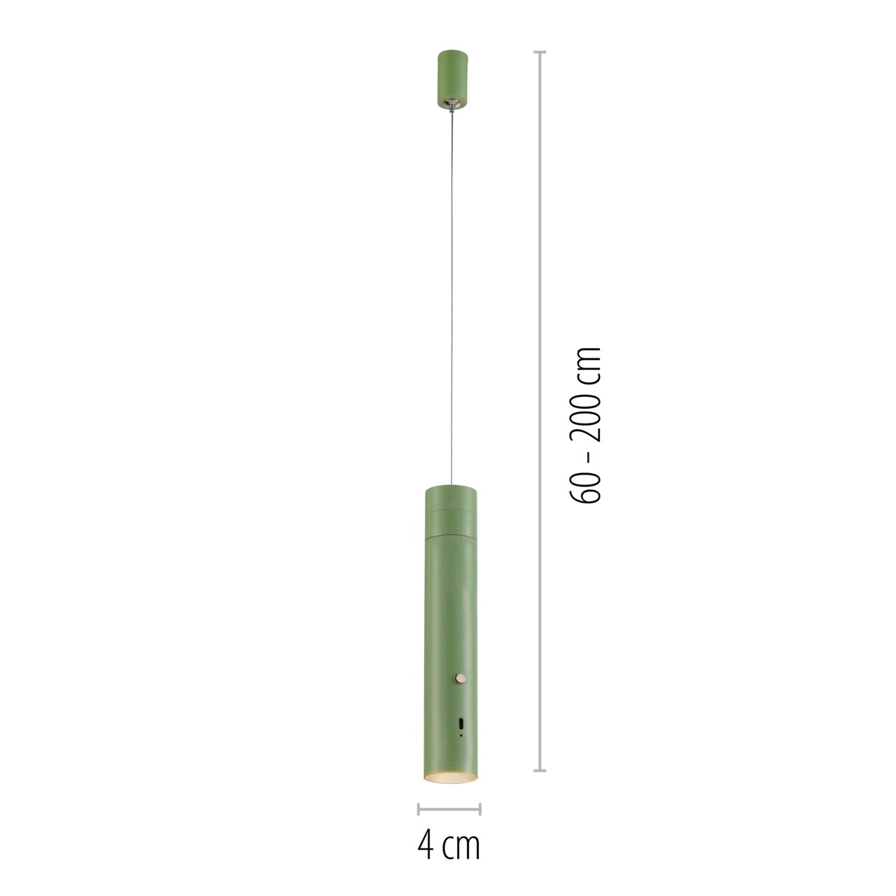Groene accu-hanglamp in cilindrische vorm, hangend aan het plafond, met een verstelbare hoogte van 60 tot 200 cm, zijaanzicht.