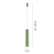 Groene accu-hanglamp in cilindrische vorm, hangend aan het plafond, met een verstelbare hoogte van 60 tot 200 cm, zijaanzicht.