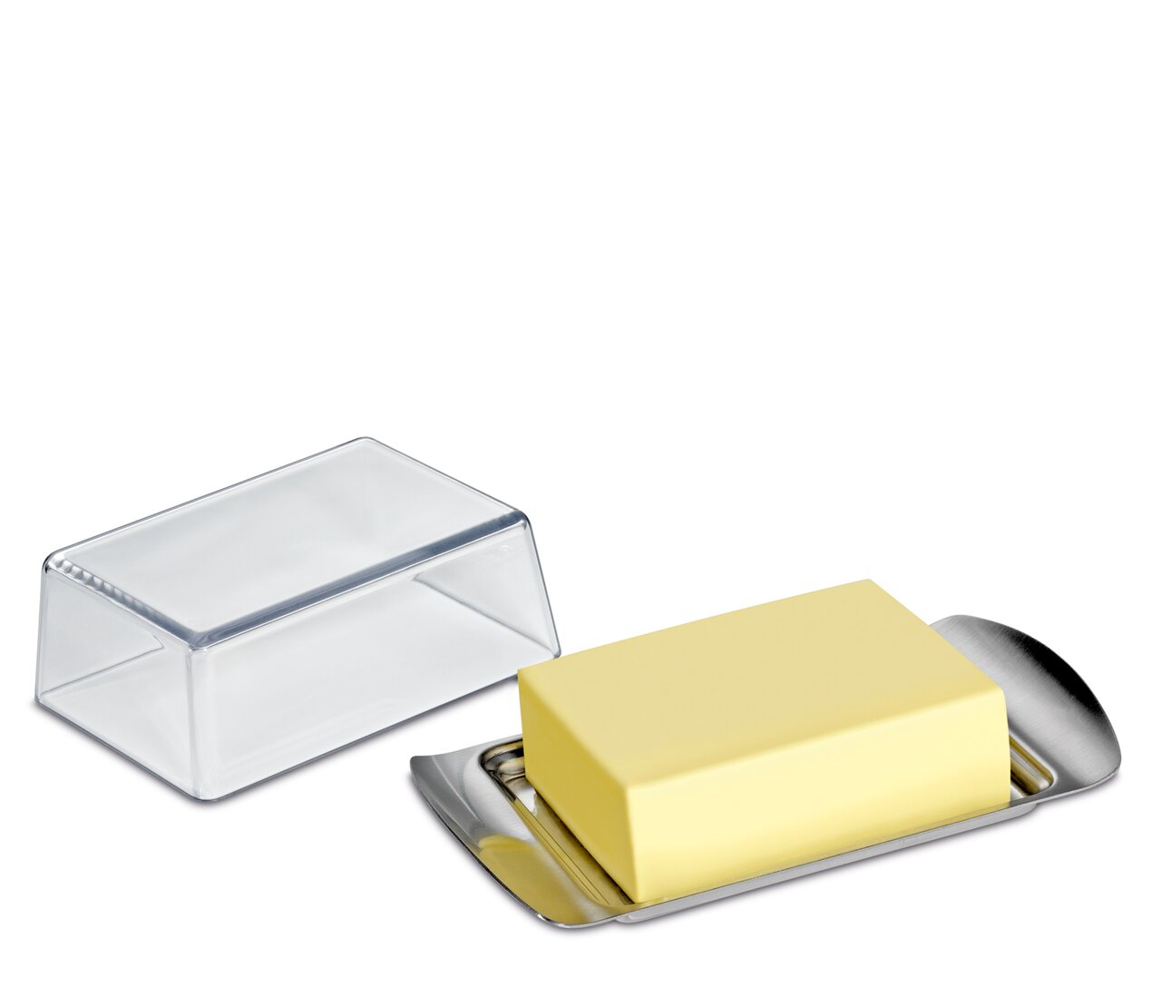 Butterdose COMPACT aus Edelstahl mit transparentem Deckel, seitliche Perspektive