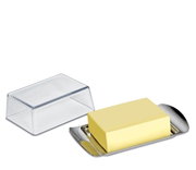 Butterdose COMPACT aus Edelstahl mit transparentem Deckel, seitliche Perspektive