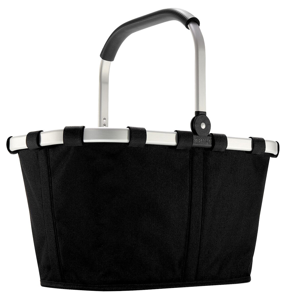 Schwarzer Einkaufskorb mit Aluminiumrahmen und ergonomischem Griff, seitliche Perspektive