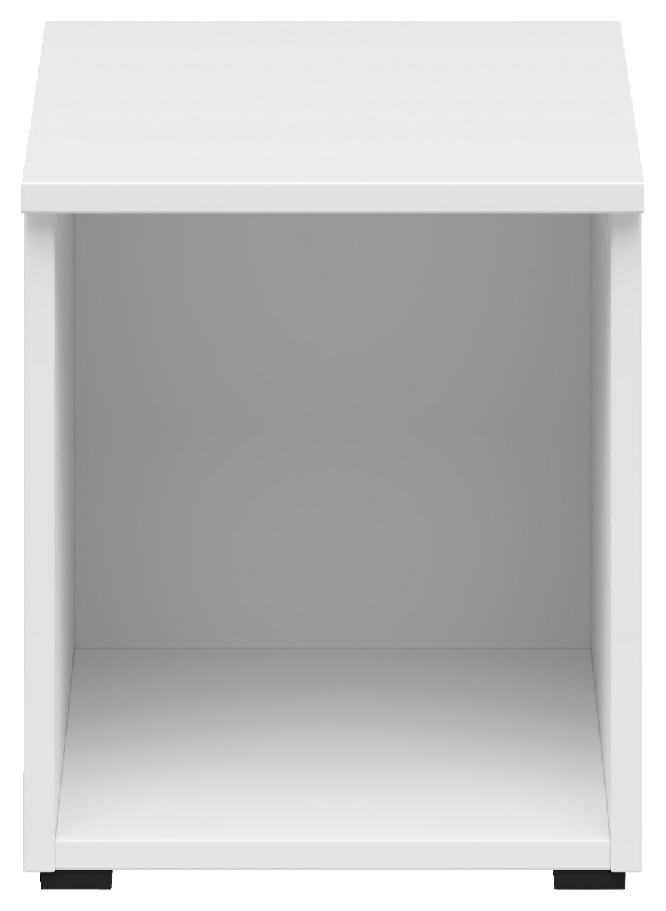 Weißer Regalaufsatz von vorne betrachtet, ideal zur Erweiterung von Stauraum.