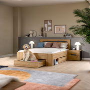Modernes Schlafzimmer mit massivem Holzbett inklusive ausziehbarem Bettkasten/Schublade, Nachttisch und weißen Pilz-Tischlampen; Perspektive: frontale leicht seitliche Ansicht auf das Bett.